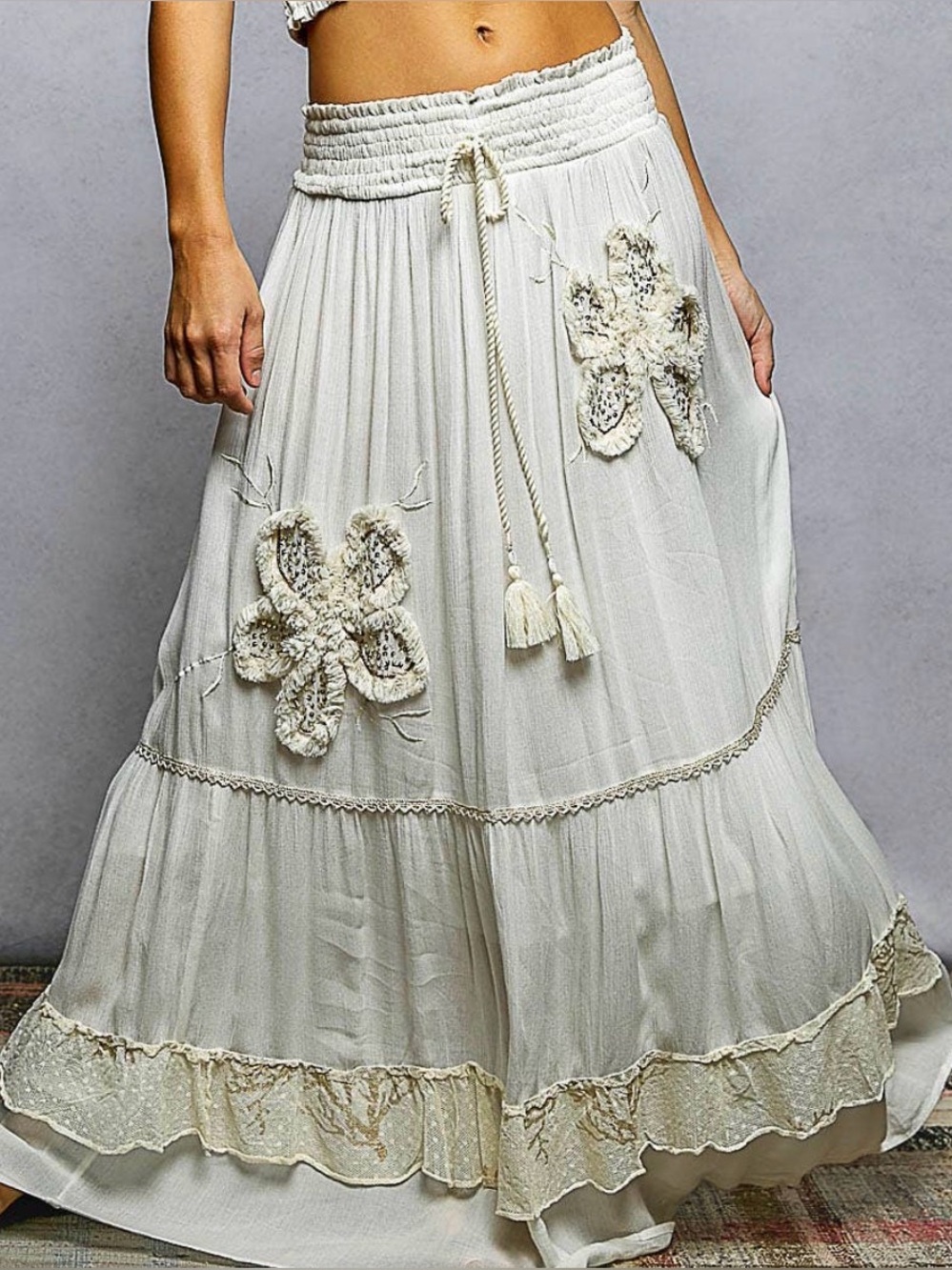POL Cream Boho Crochet Appliqué Maxi Skirt